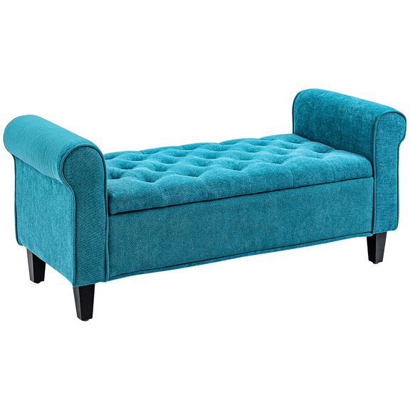 Teal Living Room With Rolled Arms 50" Storage Bench. Upholstered Velvet, Button . Arms, Wood Legs. Suits Bedroom, Room, Entryway. Hidden Storage. 264 Lbs Static Weight Capacity. Assembly Needed