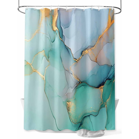 Teal Long Shower Curtain Set, Waterproof Shower Curtains for Bathroom, Modern Marble Ink Painting Abstract Art Washable Fabric Cloth Bath Curtain for Bathtub Decoration with Hooks 72x84 Inches