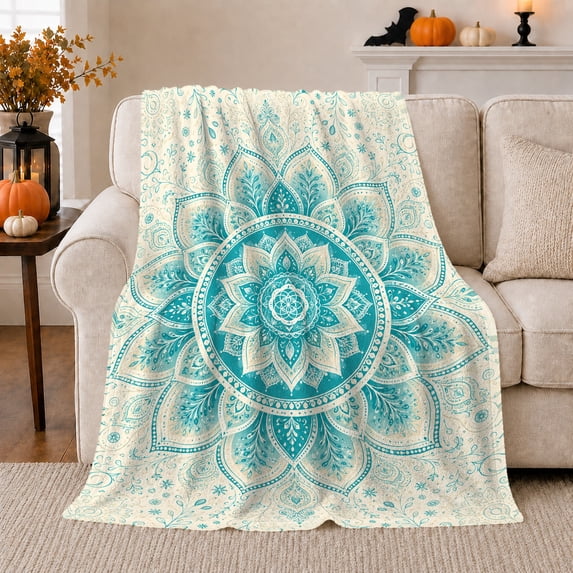 Teal Lotus Mandala on White, Peaceful Boho Style for Flower Lovers, Aqua Petal Medallion Pattern and Mother's Day Gift, Cozy Flannel Blanket for Sunroom and Reading Nook, Coastal Home Decor