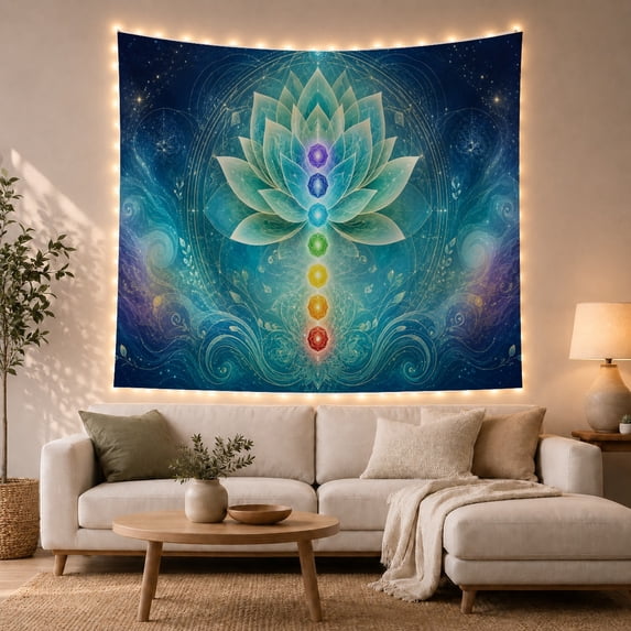Teal Lotus with Seven Chakras in Cosmic Aura, Serene Digital Art for Yoga Lovers, Meditation Decor, Housewarming Gift, Tapestry Wall Hanging for Yoga Room and Bedroom