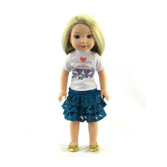 Teal Love Birds Skirt Set -Compatible with 14 Inch Wellie Wisher Dolls | 14 Inch Doll Clothing