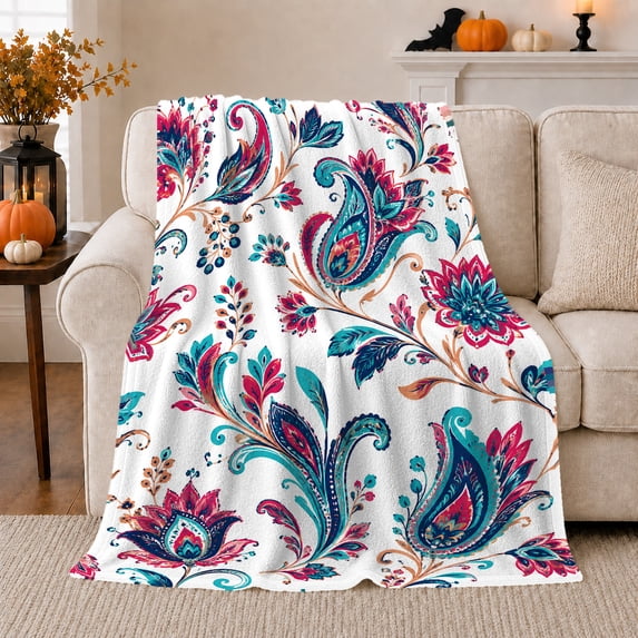 Teal and Magenta Paisley Flowers, Vibrant Boho Style for Pattern Lovers, Colorful Garden Scrolls and Housewarming Gift, Soft Flannel Blanket for Bedroom and Reading Nook, Home Decor