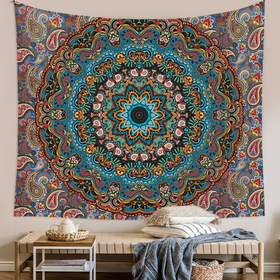 Teal Mandala Tapestry Wall Hanging Indian Hippie Wall Decor Vintage Psychedelic Aesthetic Tapestries Bohemian Wall Art Boho Home Decoration for Bedroom Living Room Dorm 60x51inch