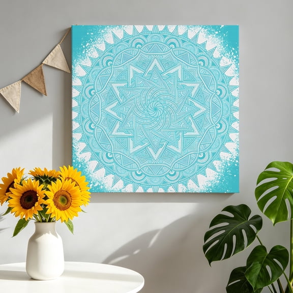 Teal Mandalas Canvas Wall Art, Art Boho Teal Blue Kaleidoscope Flower Pattern Framed Canvas Wall Decor Picture Print Artwork Decorations for Living Room Office Ready to Hang 8" x 8"