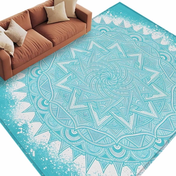 Teal Mandalas Washable Living Room Rugs 9'x12', Art Boho Teal Blue Kaleidoscope Flower Pattern Low Pile Throw Large Area Rug Non-Slip Sturdy Edge Binding Carpet for Bedroom Dining Room Office