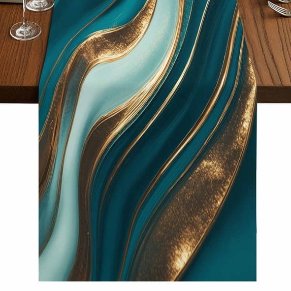 Teal Marble 108 Inch Table Runner, Modern Abstract Gold Fluid Art Farmhouse Dresser Scarf Cotton & Linen Tablerunner for Dining/Kitchen Island/Holiday Party Décor 13" x 108"