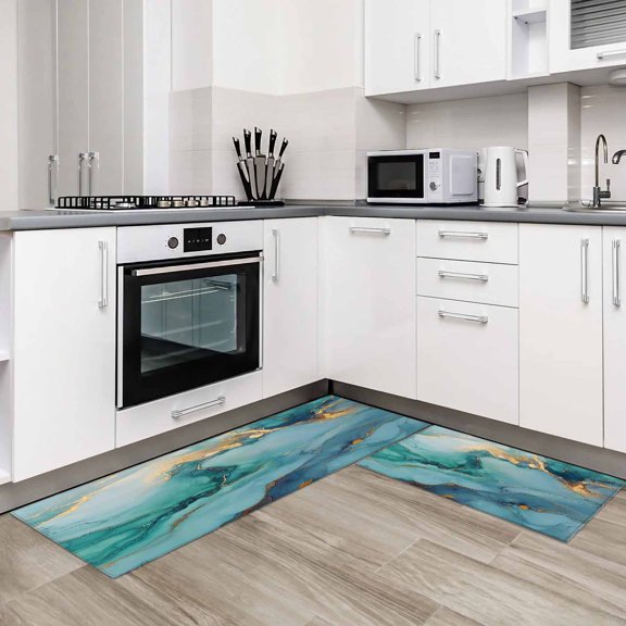Teal Marble 2 Pieces Non-Slip Kitchen Mat Set Impressionist Ink Painted Abstract Soft Door Mat with Rubber Backing,Dirtproof Rugs for Entrance Doorway 15.7x23.6in+15.7x47.2in