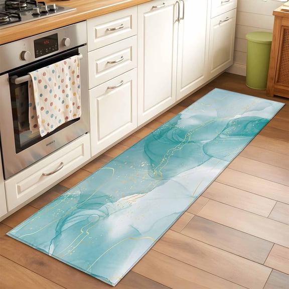 Teal Marble 2x6 Runner Rug for Hallway Walkway Kitchen Galley, Golden Lines Modern Low Pile Washable Non Slip Long Area Rug