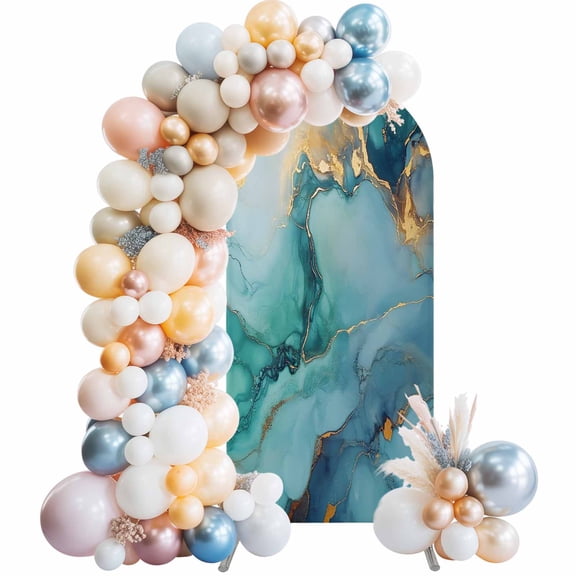 Teal Marble Arch Backdrop Cover, Spandex Fitted Wedding Arch Cover, Impressionist Ink Painted Abstract Round Top Stand Covers for Birthday Ceremony Bridal Shower Party Decor 4x1.65 Ft