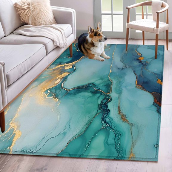 Teal Marble Area Rug 4'x6', Impressionist Ink Painted Abstract Washable Non-Slip Rugs, Low Pile Large Carpet for Living Room Bedroom Dining Room Kitchen Office Indoor Mat