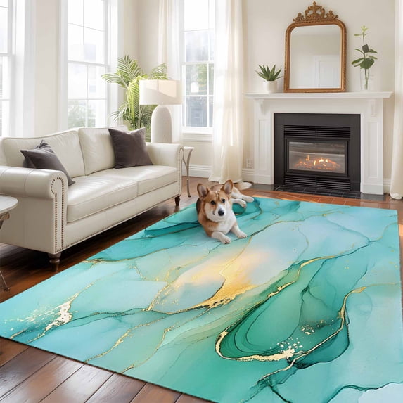 Teal Marble Area Rug 5x8 FT, Non Slip Bedroom Throw Carpet, Abstract Art Modern Ink Painting Washable Soft Floor Carpet Non-Shedding Rug for Living Room Nursery Dorm Office