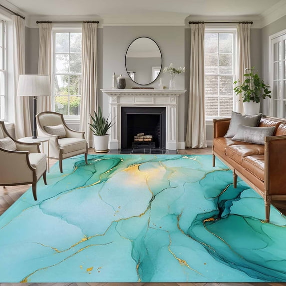 Teal Marble Area Rug 6x9 FT, Non Slip Living Room Throw Carpet, Abstract Art Modern Ink Painting Washable Soft Large Floor Carpet Non-Shedding Rug for Bedroom Dining Room Play Room