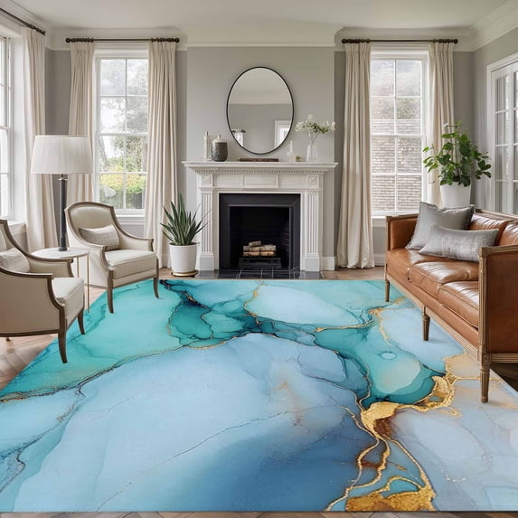 Teal Marble Area Rug 6x9 FT, Non Slip Living Room Throw Carpet, Contemporary Ink Painted Abstract Art Washable Soft Large Floor Carpet Non-Shedding Rug for Bedroom Dining Room Play Room
