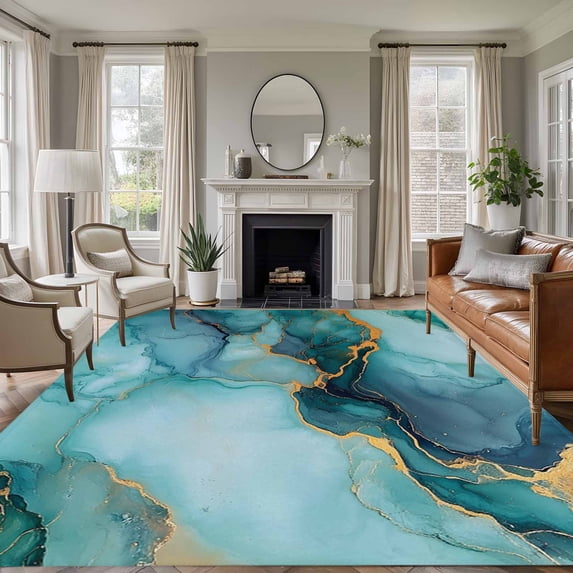 Teal Marble Area Rug 6x9 FT, Non Slip Living Room Throw Carpet, Modern Abstract Art Luxury Yellow Washable Soft Large Floor Carpet Non-Shedding Rug for Bedroom Dining Room Play Room
