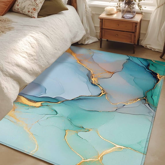 Teal Marble Area Rugs 4x6 for Living Room, Abstract Art Modern Geometric Golden Non Slip Washable Rug Runner, Low Pile Indoor Floor Carpet Mat Bathroom Rugs for Bedroom, Kids Room