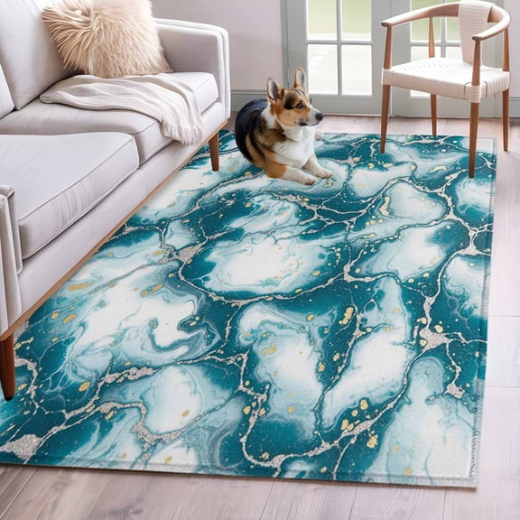 Teal Marble Area Rugs 4x6 ft Modern Abstract Art Teal Waves Fluid Gold Dot Washable Rug Non Slip Indoor Carpet Absorbent Floor Mat for Living Room Bedroom Dining Room