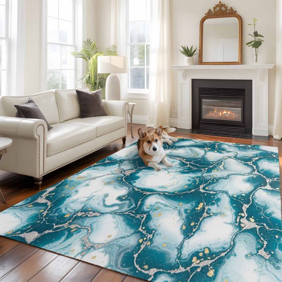 Teal Marble Area Rugs 5x7 ft Modern Abstract Art Teal Waves Fluid Gold Dot Washable Rug Non Slip Indoor Carpet Absorbent Floor Mat for Living Room Bedroom Dining Room