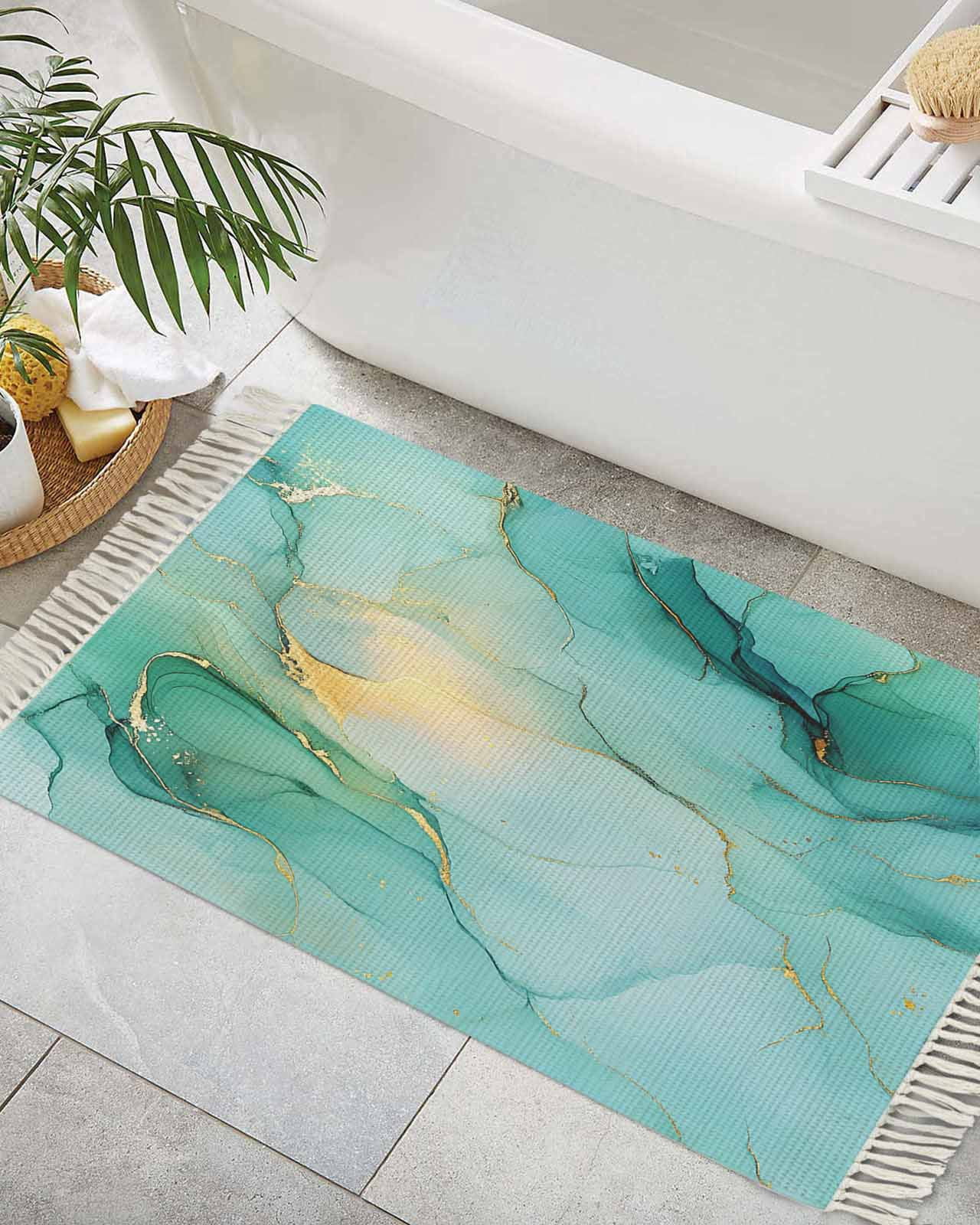 Teal Marble Bath Rug 2x3ft Woven Bathroom Entryway Runner Rug,Abstract ...