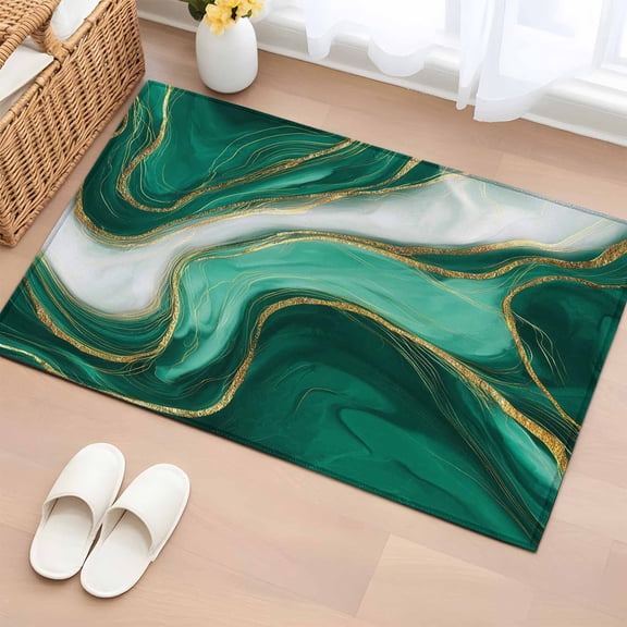 Teal Marble Bathroom Rug Washable 2x3 Entryway Rug Non Slip Modern Ombre Gold White Abstract Fluid Art Front Door Mat Low Pile Indoor Doormat Throw Floor Carpet for Kitchen Bedroom Entrance
