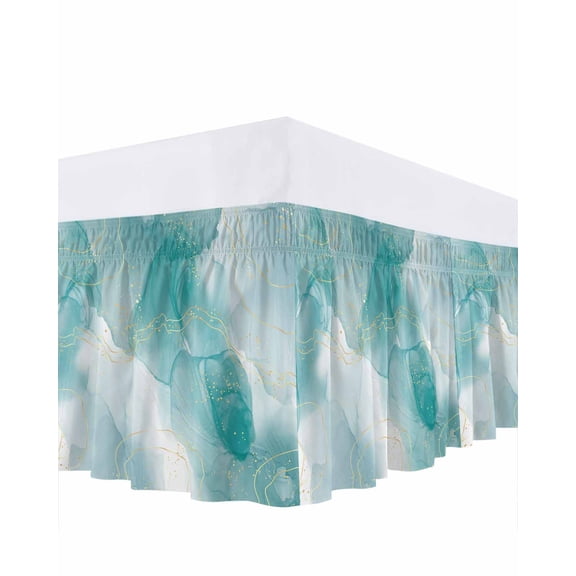 Teal Marble Bed Skirt Queen Size 16" Drop Golden Lines Modern Abstract Teal Ombre Ruffled Wrap Around Bed Skirts Adjustable Elastic Bedskirt Dust Ruffle for Queen Size Bed