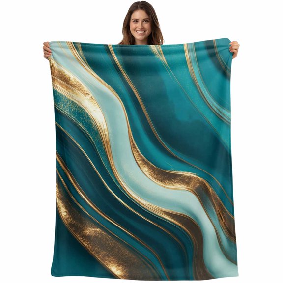 Teal Marble Blanket Soft Cozy Warm Throw Blanket for Couch, Plush Fuzzy Flannel Fleece Blankets for Sofa, Modern Abstract Gold Fluid Art Bed Blankets Lightweight Gifts for Women, 40"x50"