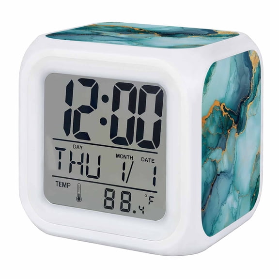 Teal Marble Digital Alarm Clock for Bedrooms, Smart LED Alarm Clock with 7 Color Changing Night Light, Modern Abstract Art Luxury Yellow Silent Wake Up Clocks for Sleep Study Cooking 3.2"x3.2"
