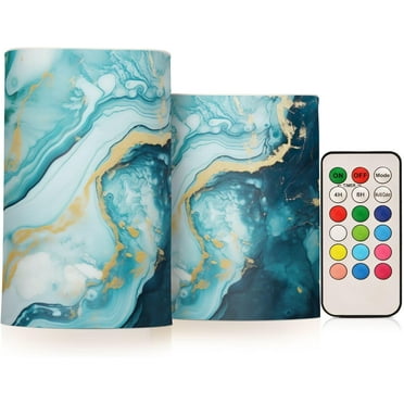 Teal Marble Flameless Candles with Remote Timer Battery Operated Fake Candles Set of 2 LED Tealight Candles for Table Outdoor Party Home Christmas