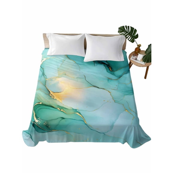 Teal Marble Flat Sheet Only Twin Size, Soft Breathable Bed Top Sheets for Mattress, Abstract Art Modern Ink Painting Luxury Bedding Flat Sheets for Home Hotel Bedroom Bed Protection
