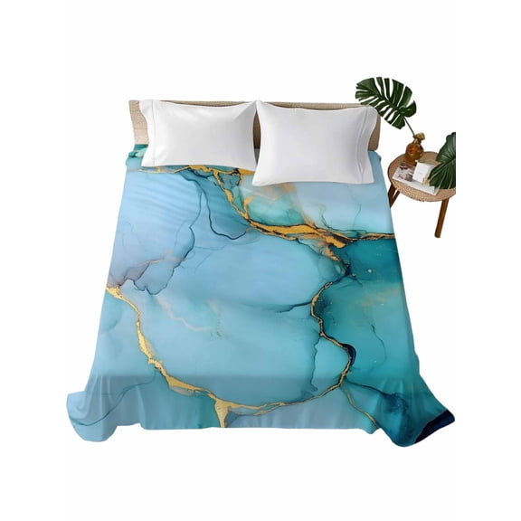 Teal Marble Flat Sheet Only Twin Size, Soft Breathable Bed Top Sheets for Mattress, Modern Ink Painting Luxury Modern Art Luxury Bedding Flat Sheets for Home Hotel Bedroom Bed Protection