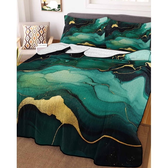 Teal Marble Full Size Down Alternative Comforter, Lightweight Comforter Quilt Bedding Set with Pillow Shams Modern Green Golden Abstract Ombre Texture All Seasons Bed Comforter Duvet Insert 78"x90"