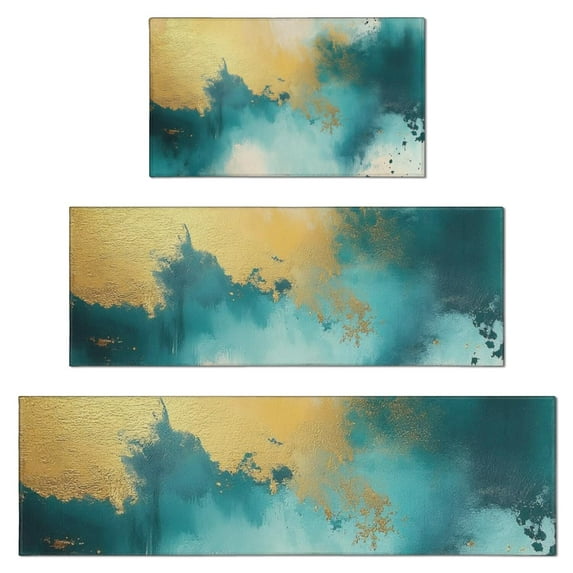 Teal Marble Gold Abstract Pattern Kitchen Rugs Sets Of 3,Kitchen Runner Rugs Non Skid Washable,Decorative Kitchen Floor Mats for Kitchen,Sink,Laundry,17"x30"+ 17"x47" + 17"x59"