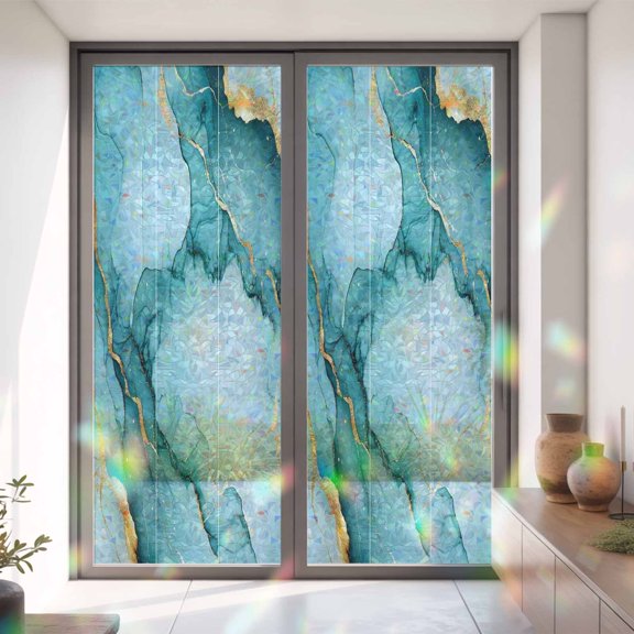 Teal Marble Gold Foil Window Privacy Film,Decorative Windows Static Cling Gradient Ink Abstract Art Heat Control Removable Glass Sticker for Home Bathroom Bedroom Window Door,35x79in