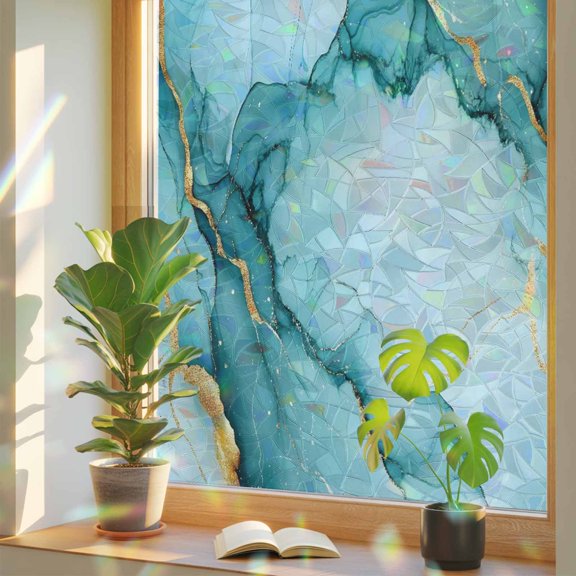 Teal Marble Gold Foil Window Privacy Film, Rainbow Film Decorative Window Sticker 17.7x39.3in, Gradient Ink Abstract Art Sun Blocking Static Stained Glass Cling Tint Non-Adhesive