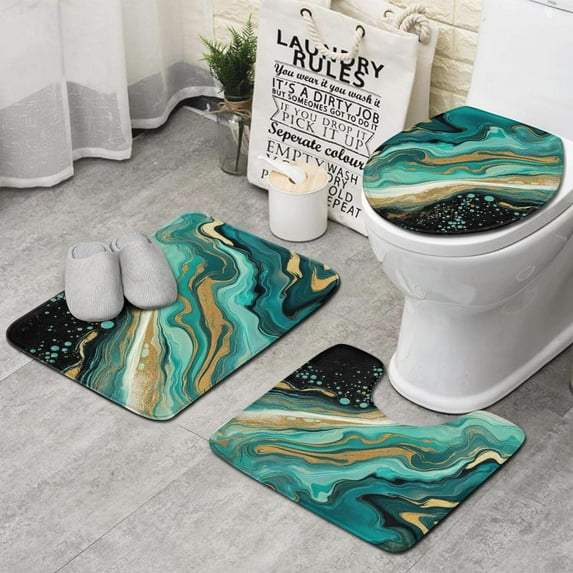 Teal Marble Gold Line Pattern Bathroom Rugs Sets 3 Piece,Toilet Cover Set,Absorbent Non Slip Bathroom Mats Sets with U-Shaped Contour Rug Toilet Rug Set