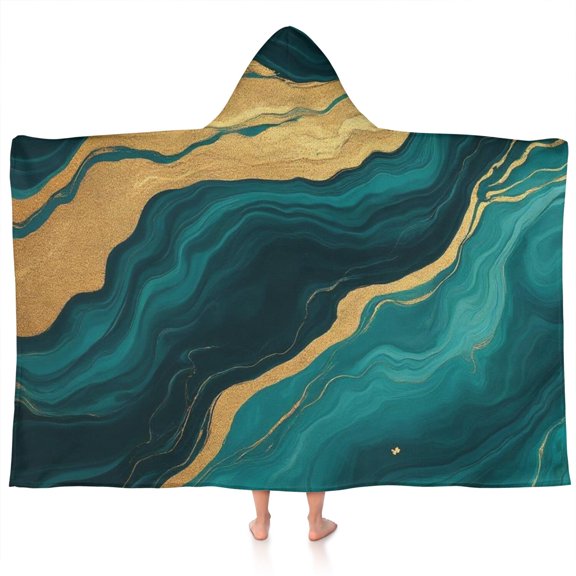 Teal Marble Gold Line Pattern Hooded Bath Towel，60"x35" for Ages 3 To 12 Kids, Quick Dry Lightweight Soft Microfiber Hood Beach Towel Cover Up for Kids