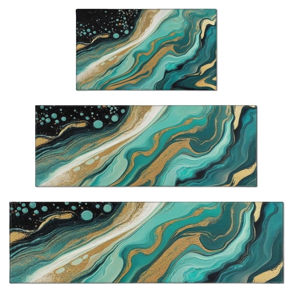 Teal Marble Gold Line Pattern Kitchen Rugs Sets Of 3,Kitchen Runner Rugs Non Skid Washable,Decorative Kitchen Floor Mats for Kitchen,Sink,Laundry,17"x30"+ 17"x47" + 17"x59"