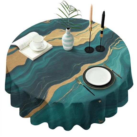 Teal Marble Gold Line Pattern Round Tablecloth 60"x60",Wrinkle Wipeable Table Cloth for Kitchen Dining Room Picnic Patio Party