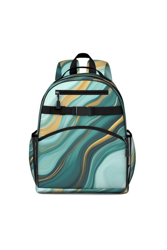 Teal Marble Gold Wave Pattern Backpack for School,Cute School Bag,Schoolbag with Adjustable Shoulder Straps & Padded Back,15.25"x11.5"x5.25"