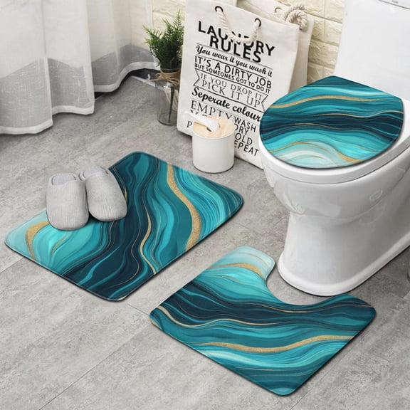 Teal Marble Gold Wave Pattern Bathroom Rugs Sets 3 Piece,Toilet Cover Set,Absorbent Non Slip Bathroom Mats Sets with U-Shaped Contour Rug Toilet Rug Set