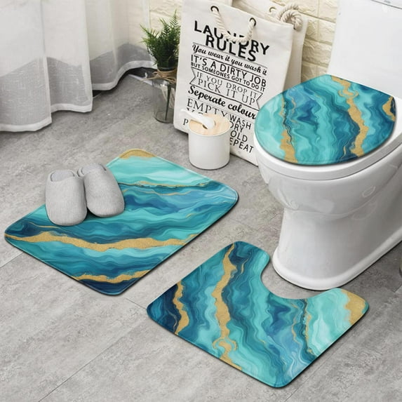 Teal Marble Gold Wave Pattern Bathroom Rugs Sets 3 Piece,Toilet Cover Set,Absorbent Non Slip Bathroom Mats Sets with U-Shaped Contour Rug Toilet Rug Set