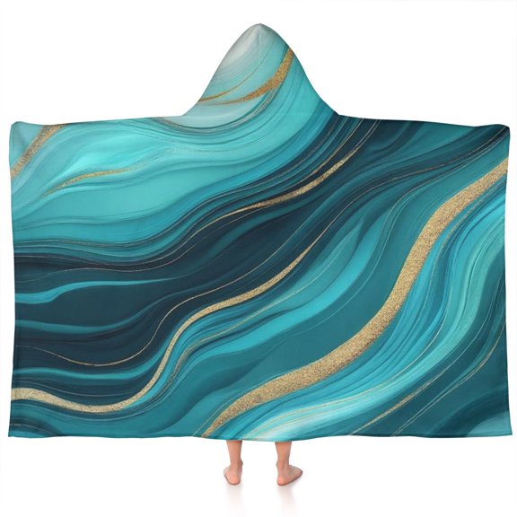 Teal Marble Gold Wave Pattern Hooded Bath Towel，60"x35" for Ages 3 To 12 Kids, Quick Dry Lightweight Soft Microfiber Hood Beach Towel Cover Up for Kids