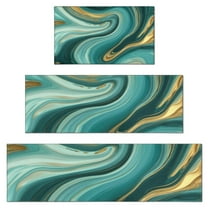 Teal Marble Gold Wave Pattern Kitchen Rugs Sets Of 3,Kitchen Runner Rugs Non Skid Washable,Decorative Kitchen Floor Mats for Kitchen,Sink,Laundry,17"x30" 17"x47" 17"x59"