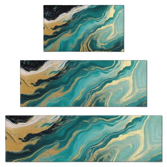 Teal Marble Gold Wave Pattern Kitchen Rugs Sets Of 3,Kitchen Runner Rugs Non Skid Washable,Decorative Kitchen Floor Mats for Kitchen,Sink,Laundry,17"x30"+ 17"x47" + 17"x59"
