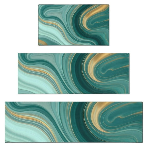 Teal Marble Gold Wave Pattern Kitchen Rugs Sets Of 3,Kitchen Runner Rugs Non Skid Washable,Decorative Kitchen Floor Mats for Kitchen,Sink,Laundry,17"x30"+ 17"x47" + 17"x59"