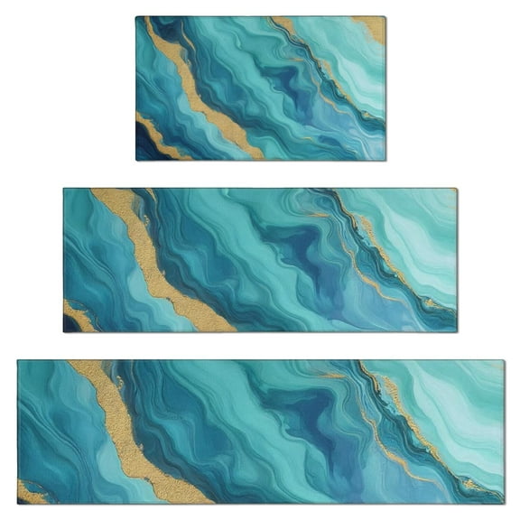 Teal Marble Gold Wave Pattern Kitchen Rugs Sets Of 3,Kitchen Runner Rugs Non Skid Washable,Decorative Kitchen Floor Mats for Kitchen,Sink,Laundry,17"x30"+ 17"x47" + 17"x59"