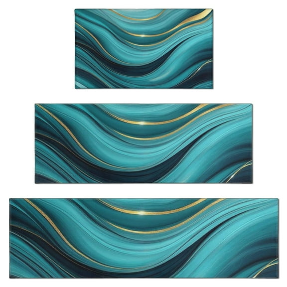 Teal Marble Gold Wave Pattern Kitchen Rugs Sets Of 3,Kitchen Runner Rugs Non Skid Washable,Decorative Kitchen Floor Mats for Kitchen,Sink,Laundry,17"x30"+ 17"x47" + 17"x59"