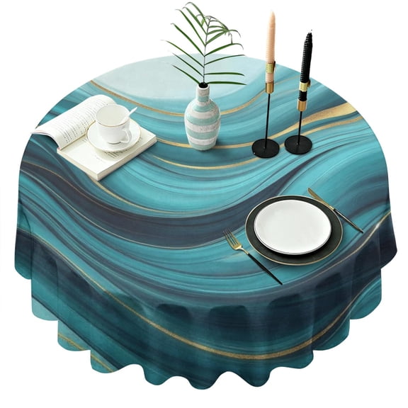 Teal Marble Gold Wave Pattern Round Tablecloth 60"x60",Wrinkle Wipeable Table Cloth for Kitchen Dining Room Picnic Patio Party