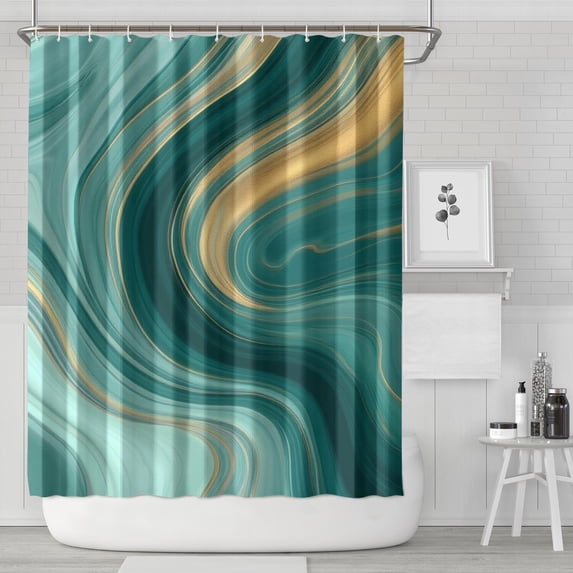 Teal Marble Gold Wave Pattern Shower Curtain 84"x72" ,Bathroom Decorative Shower Curtains Set with 12 Hooks,Modern Waterproof Washable Shower Curtain