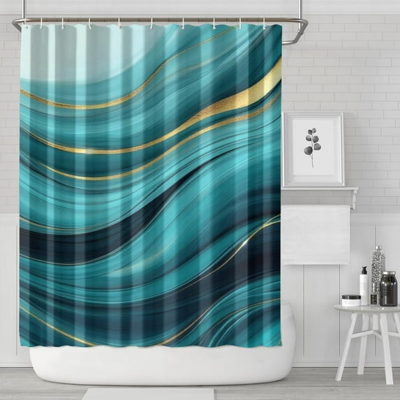 Teal Marble Gold Wave Pattern Shower Curtain 84"x72" ,Bathroom Decorative Shower Curtains Set with 12 Hooks,Modern Waterproof Washable Shower Curtain