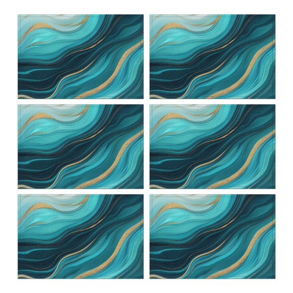 Teal Marble Gold Wave Pattern Summer Placemats Table Placemats Set Of 6-Linen Kitchen Washable Placemats Table Mats 11.8"x17.7" Non-Slip Heat Resistant